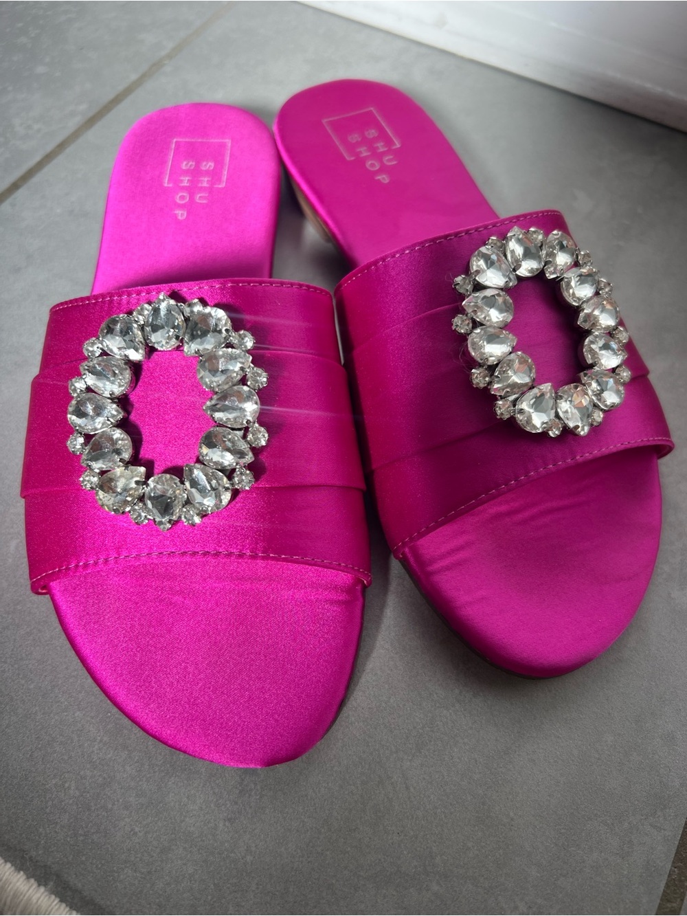 ShuShop Fuchsia Satin Slide Mules with Crystal Ovals